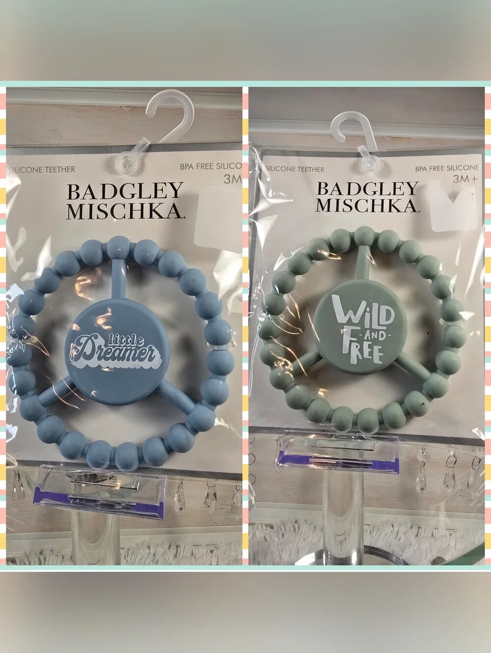Set of 2 Badgley Mischka Kids Silicone Ring Teether - Blue & Sage